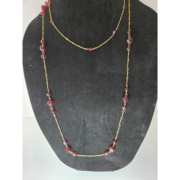 Gold Tone Necklace Double Strand with Dark Red Beads Lobster Claw Clasp - Picture 2 of 5
